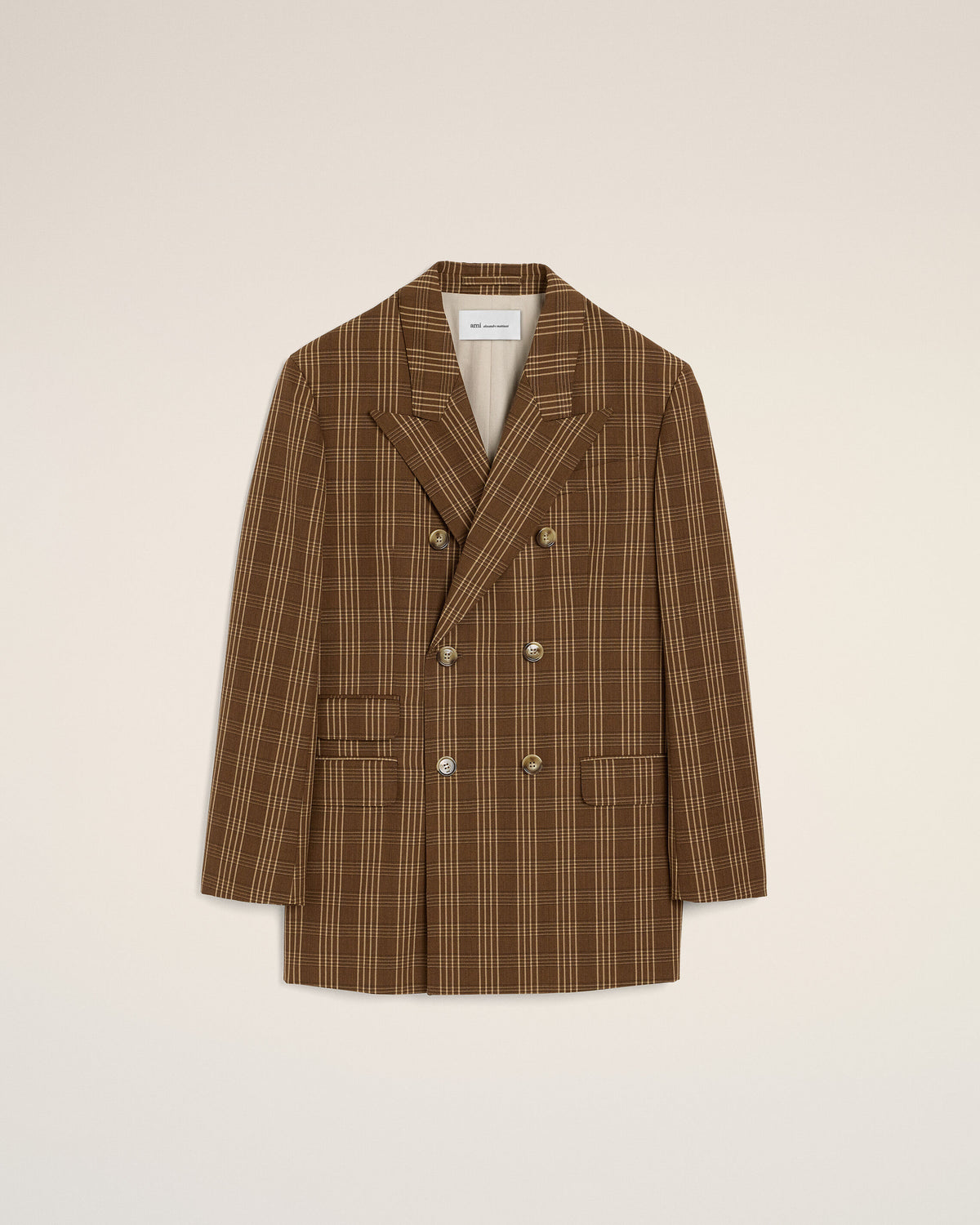 Brown double breasted checkered wool blazer - 1