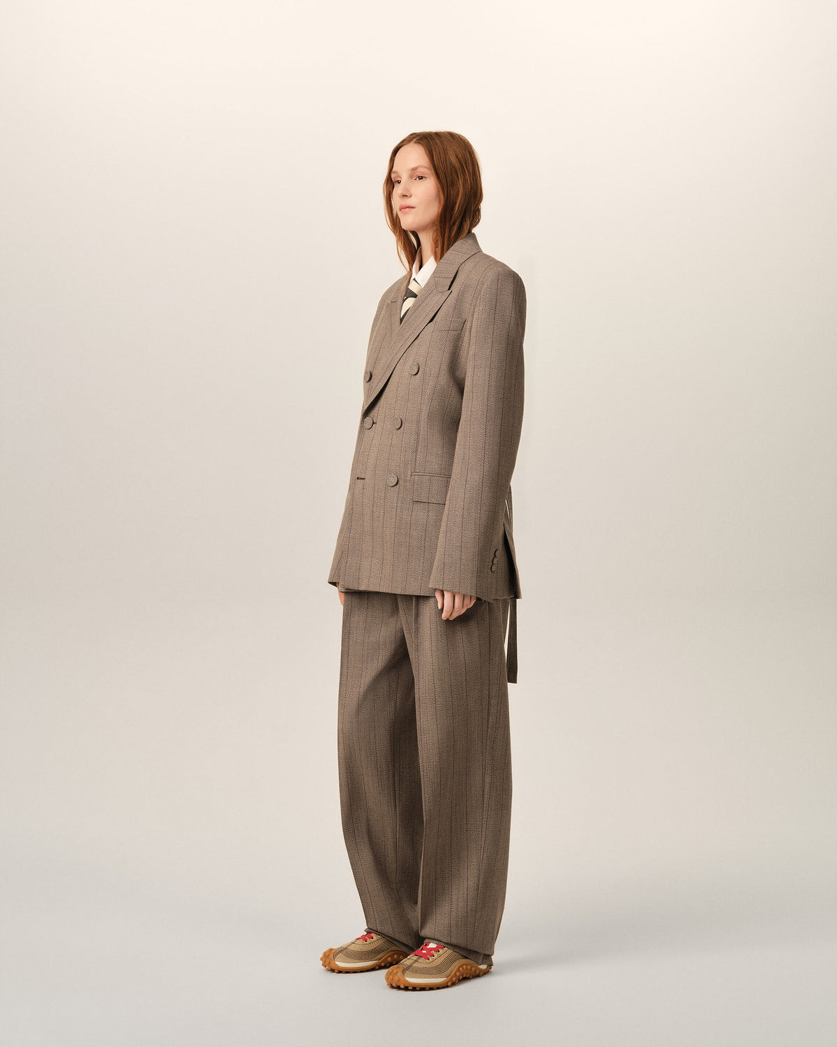 Brown double breasted striped wool blazer - 6