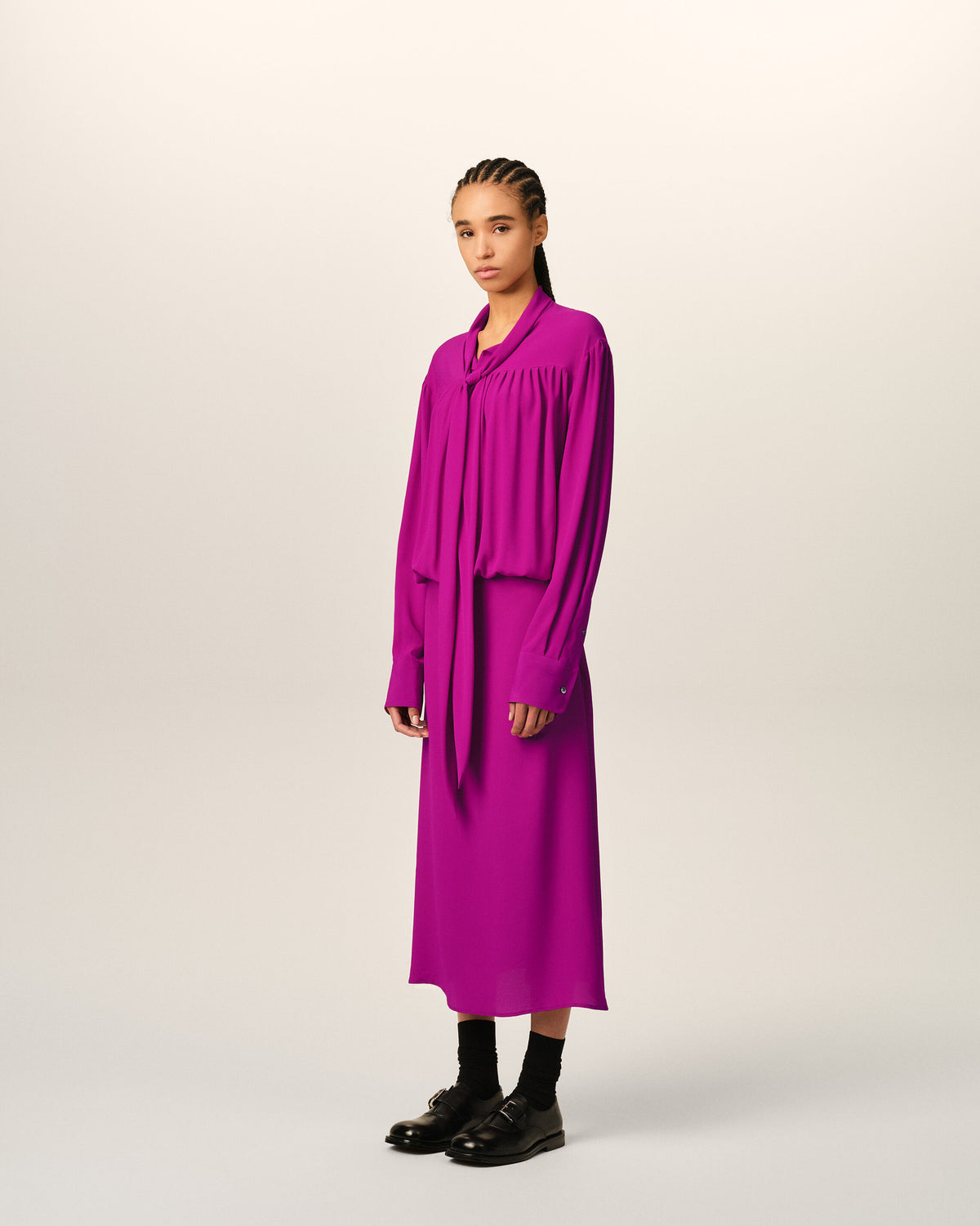 Purple midi lavalliere silk-blend dress - 6