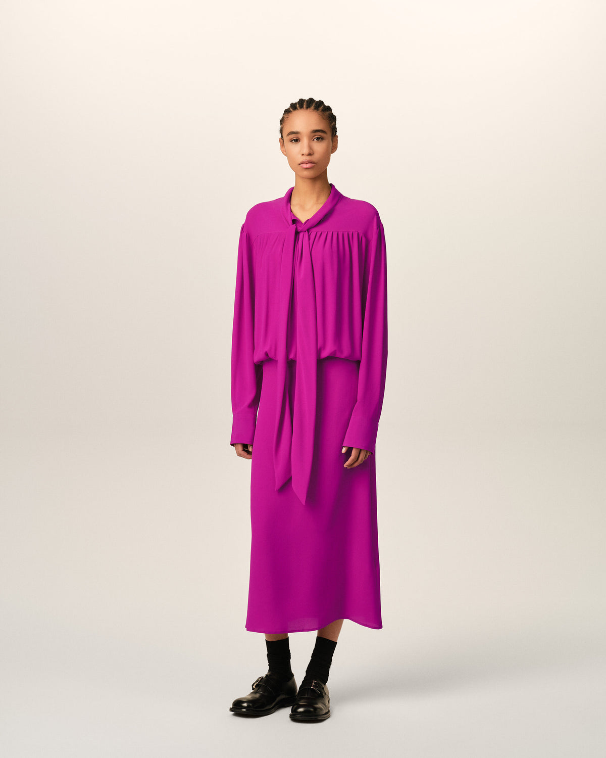 Purple midi lavalliere silk-blend dress - 2