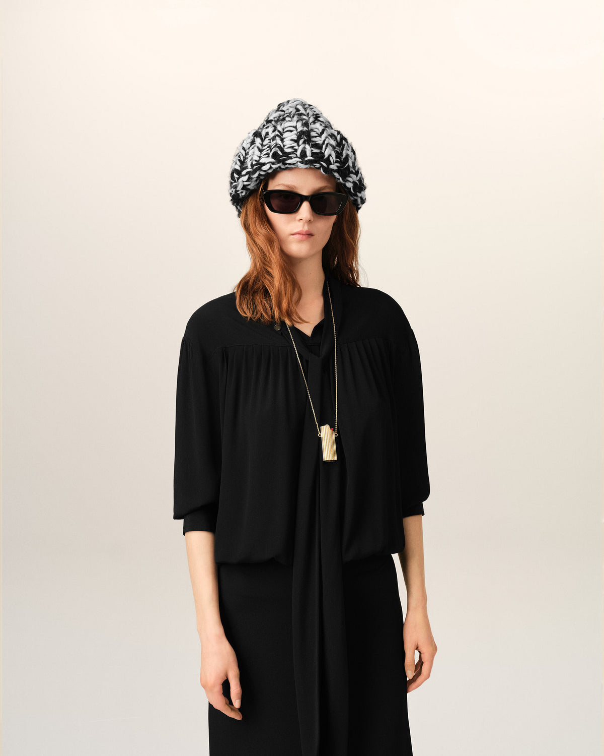 Black midi lavalliere silk-blend dress - 3