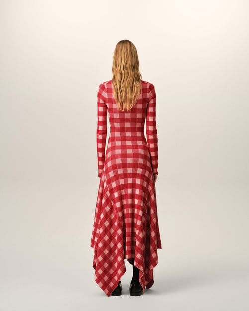 Maxi pink checkered wool and cotton godet dress - Woman - 5 - AMI Paris - Ami Paris