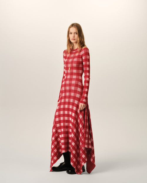 Maxi pink checkered wool and cotton godet dress - Woman - 6 - AMI Paris - Ami Paris