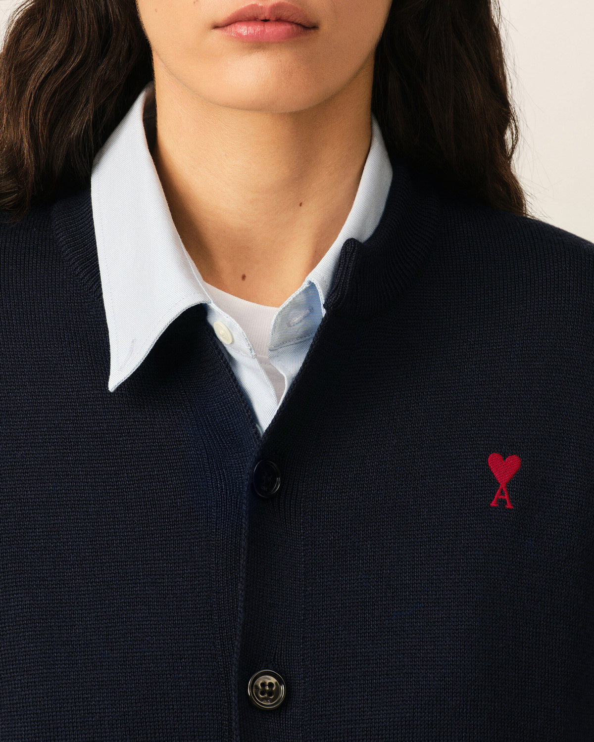 Blue crewneck wool cardigan with Ami de Coeur - 4