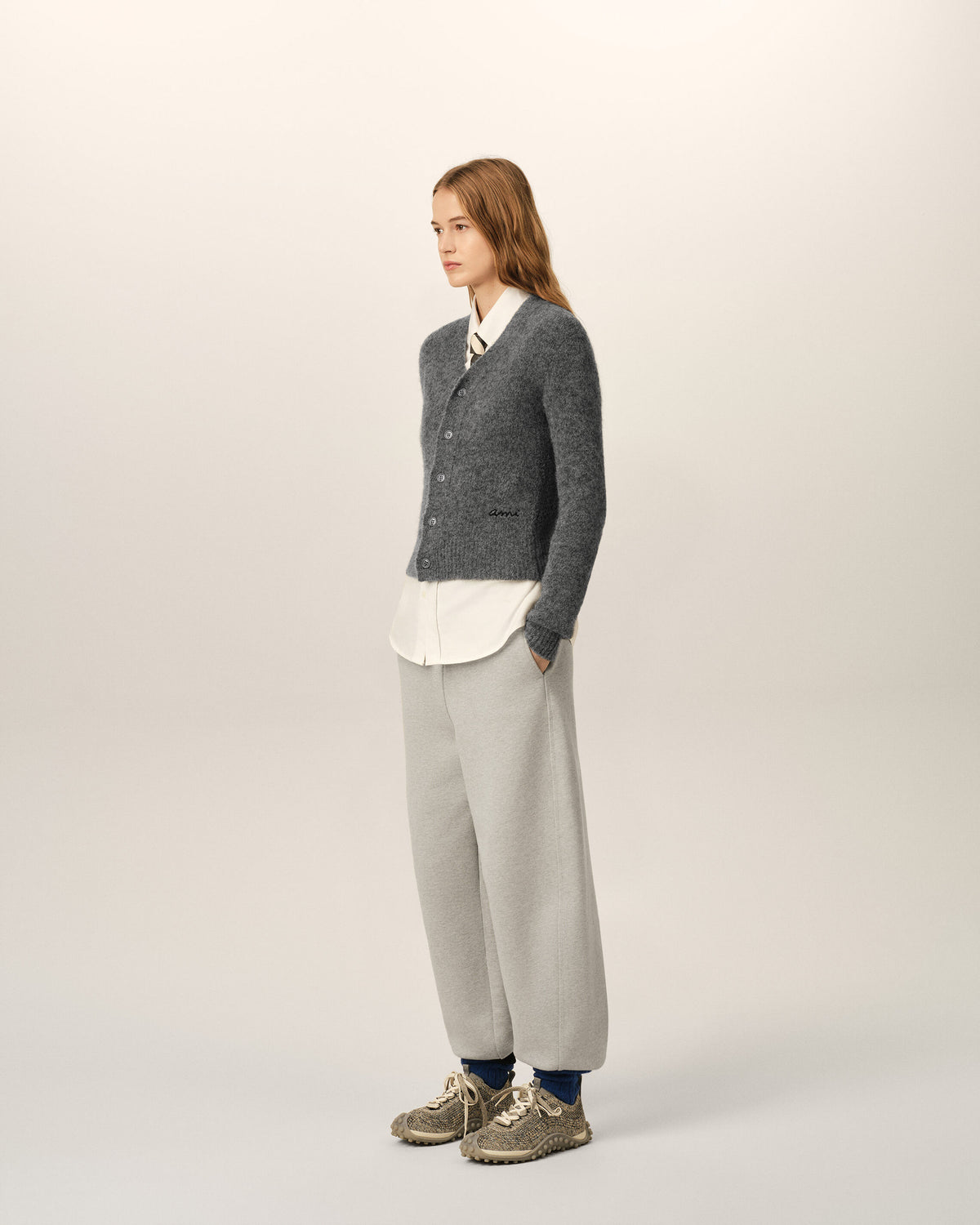 Grey wool and alpaca cardigan with Ami embroidery - 6