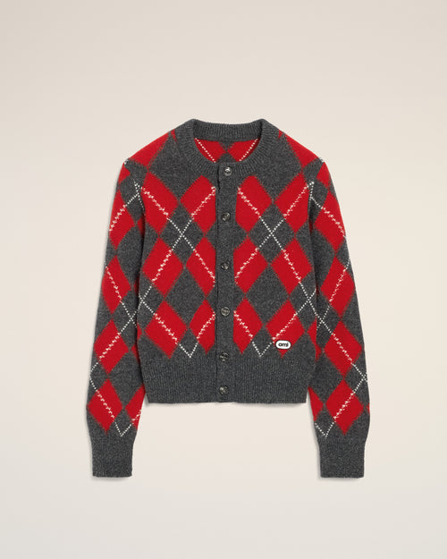 Grey wool cardigan in red argyle - 1 - Ami Paris