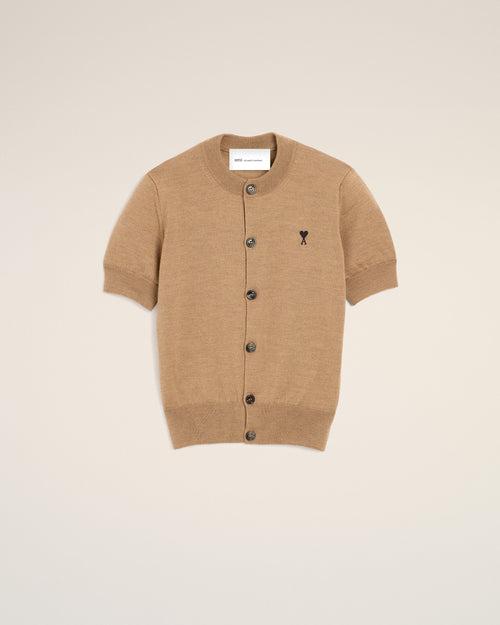 Brown wool short-sleeve cardigan with Ami de Coeur - CAMEL CHINE/BLACK - Ami Paris