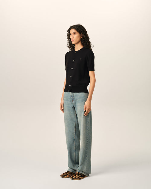 Black wool short-sleeve cardigan with Ami de Coeur - Woman - 6 - AMI Paris - Ami Paris