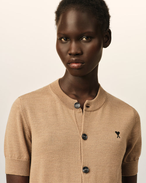 Brown wool short-sleeve cardigan with Ami de Coeur - Woman - 4 - AMI Paris - Ami Paris