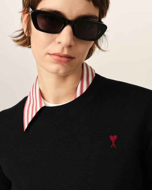 Black Crewneck wool Sweater With Ami De Coeur - Woman - 4 - AMI Paris - Ami Paris