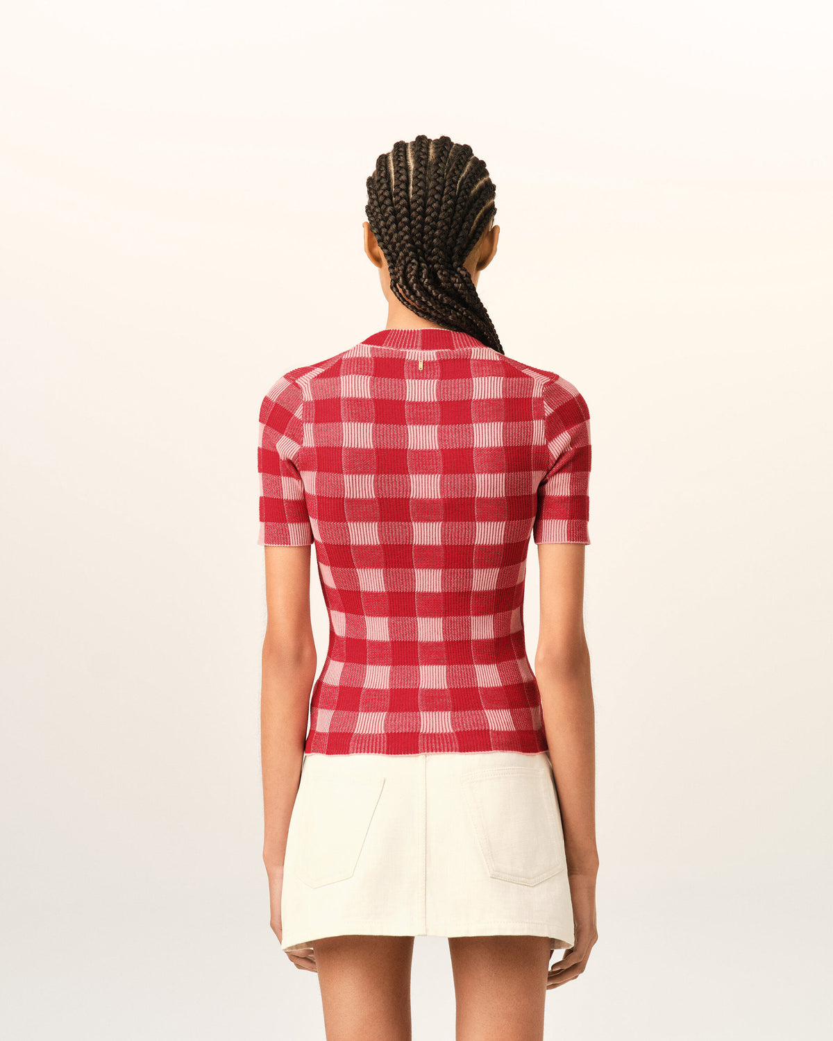 Pink checkered wool and cotton short sleeves sweater - 5