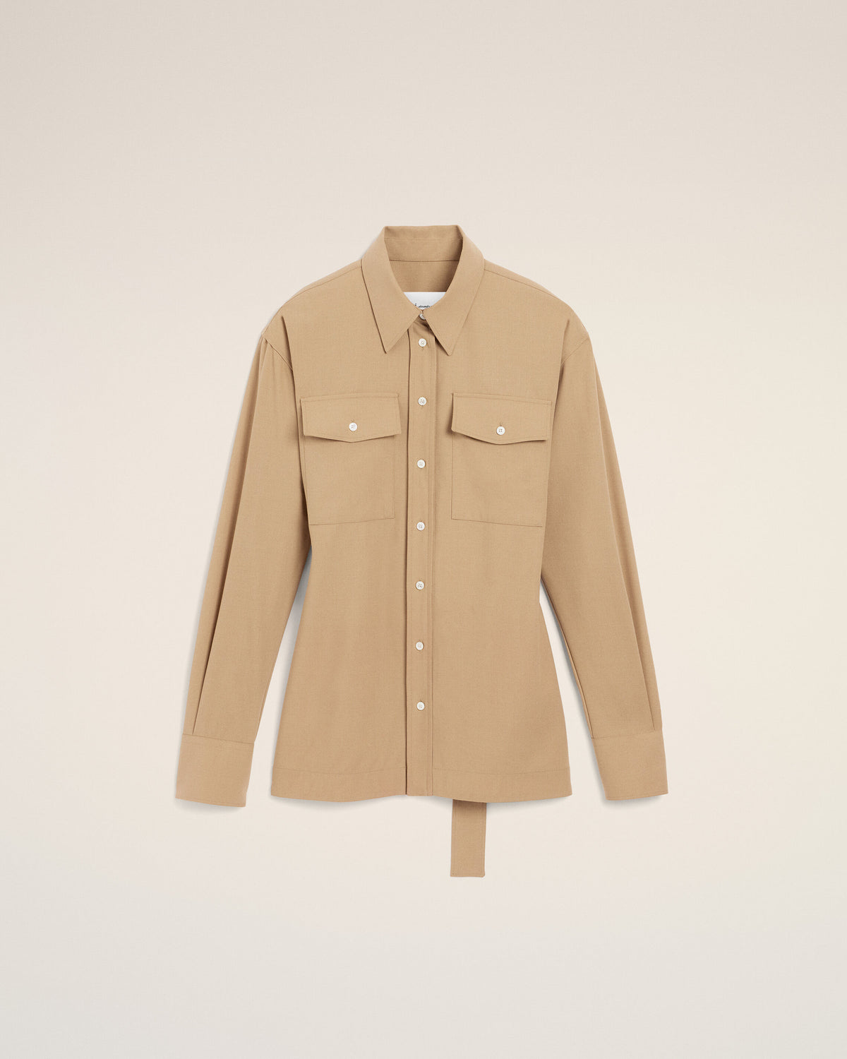 Camicia in lana beige dal taglio aderente con maniche a palloncino - 1