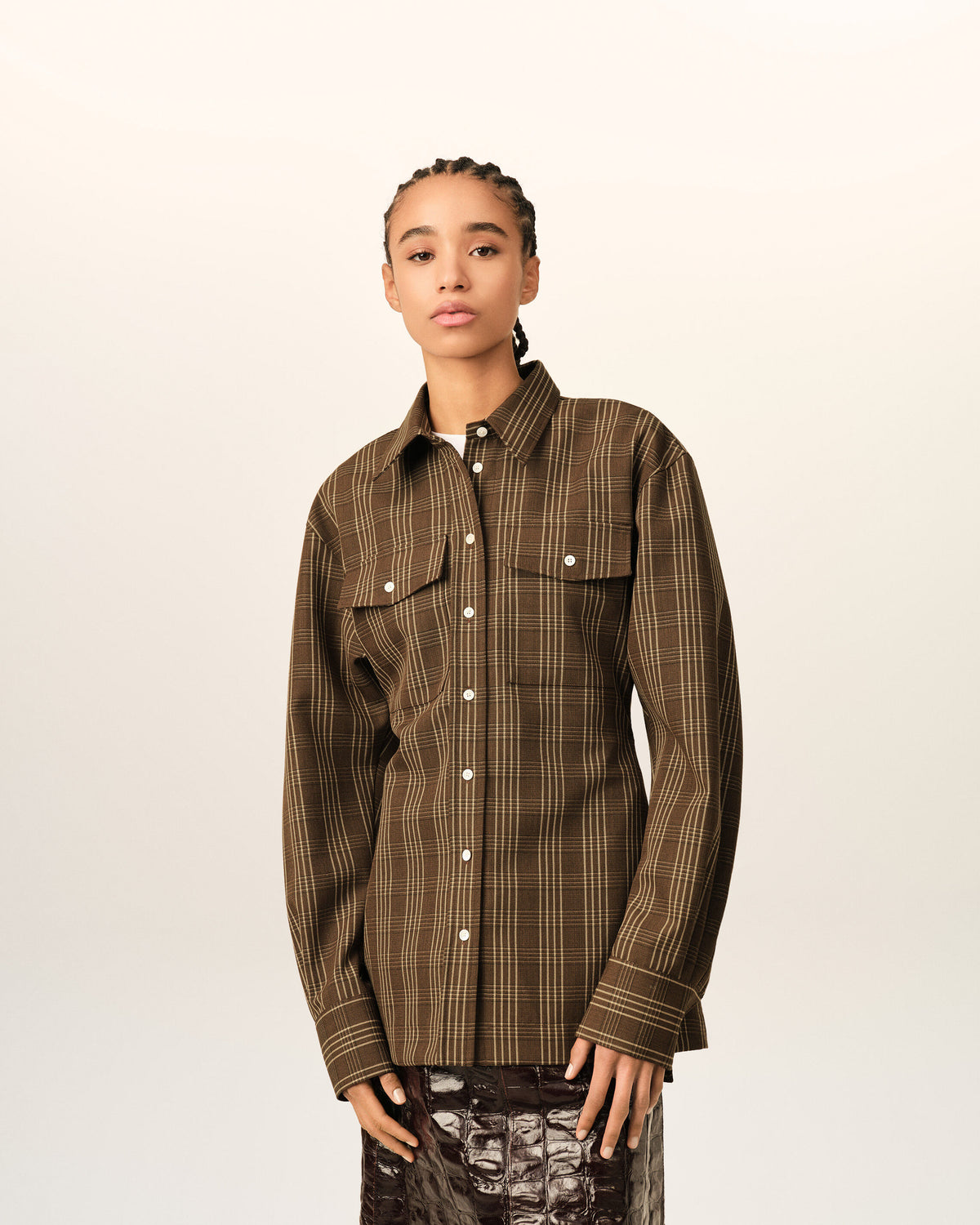 Brown fitted checkered wool shirt - 2