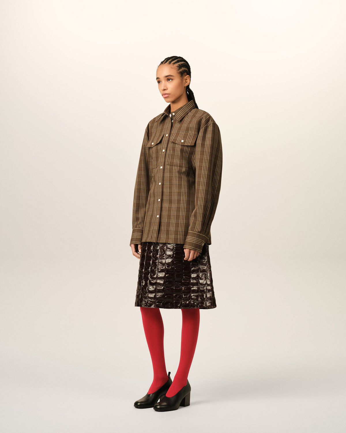 Brown fitted checkered wool shirt - 6
