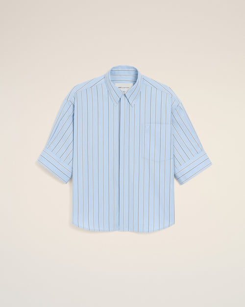Blue large striped cotton short-sleeve shirt with embossed logo - Woman - 1 - AMI Paris - Ami Paris
