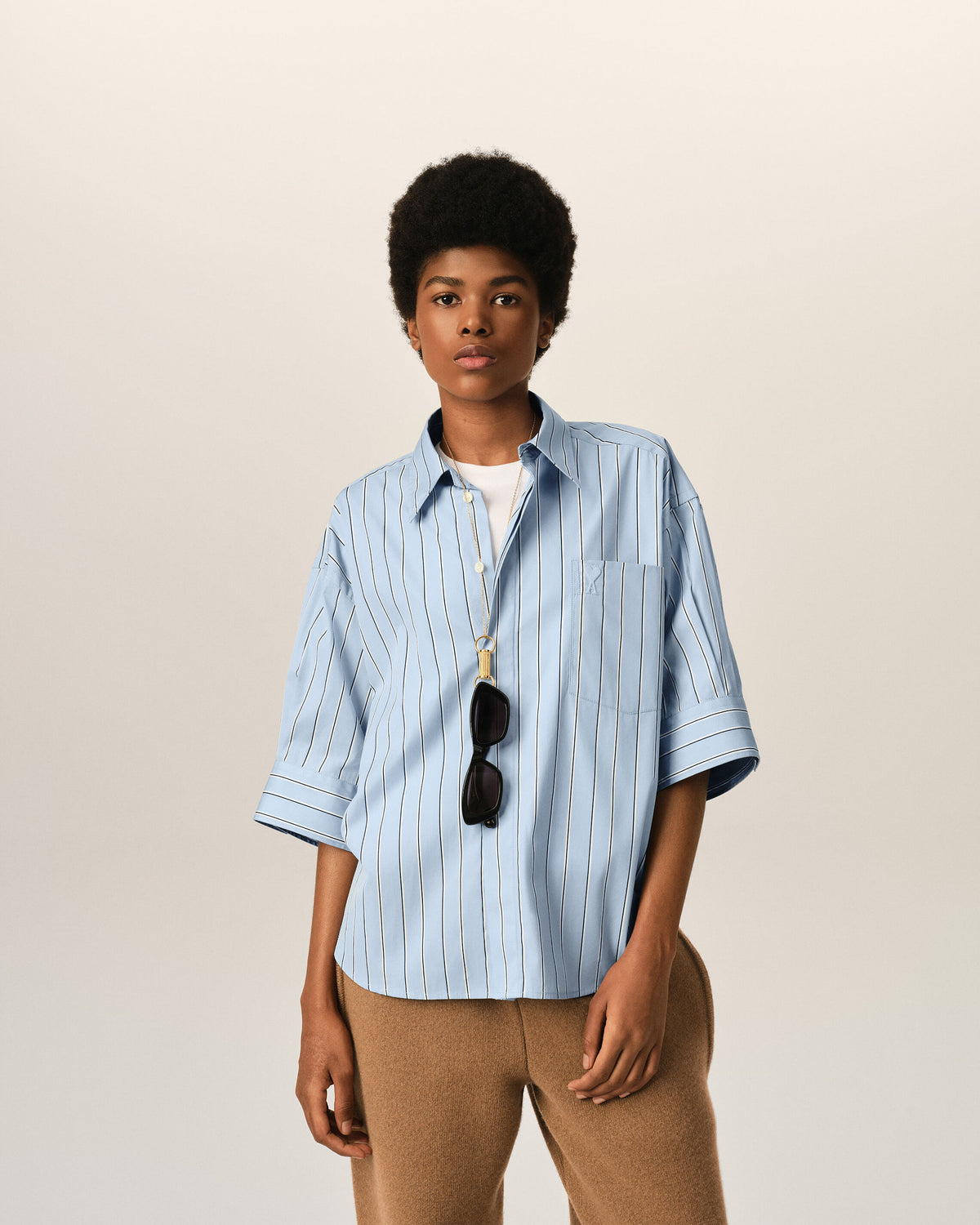 Blue large striped cotton short-sleeve shirt with embossed logo - 2