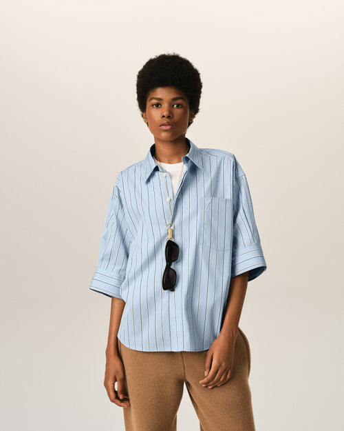 Blue large striped cotton short-sleeve shirt with embossed logo - Woman - 2 - AMI Paris - Ami Paris