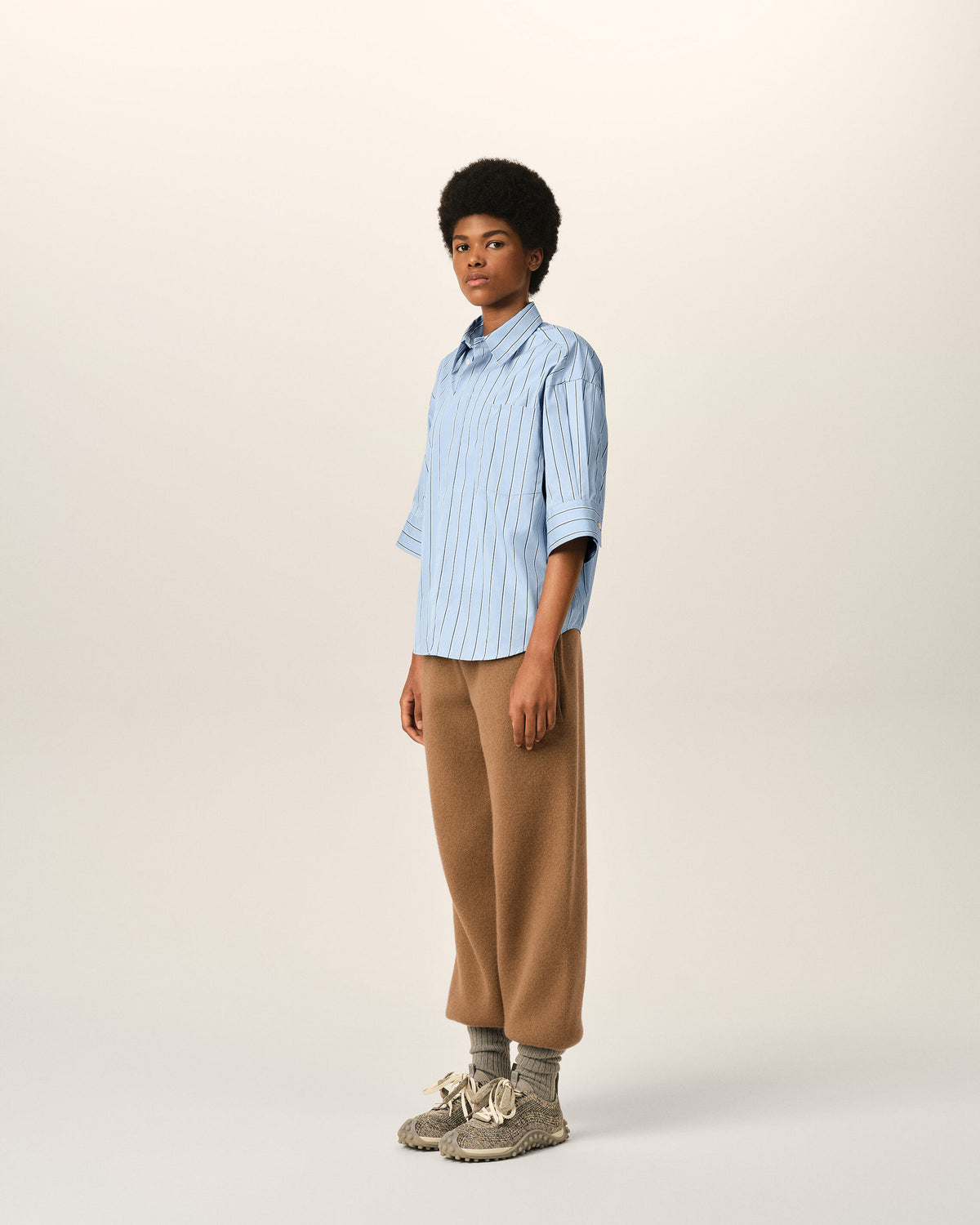 Blue large striped cotton short-sleeve shirt with embossed logo - 6