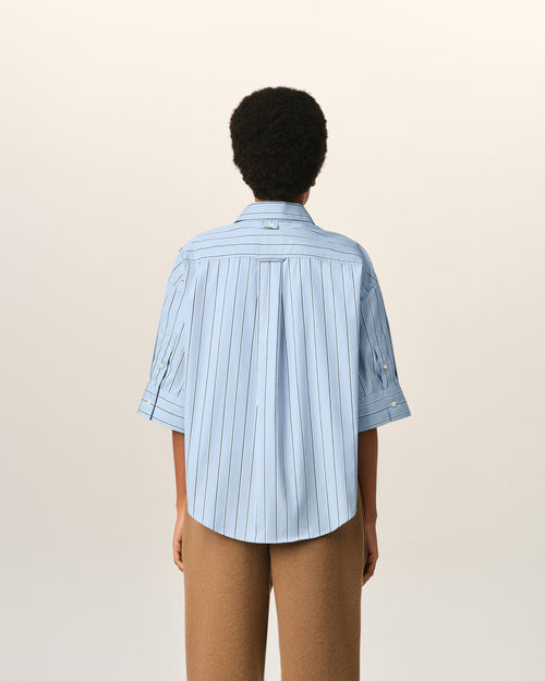 Blue large striped cotton short-sleeve shirt with embossed logo - Woman - 5 - AMI Paris - Ami Paris