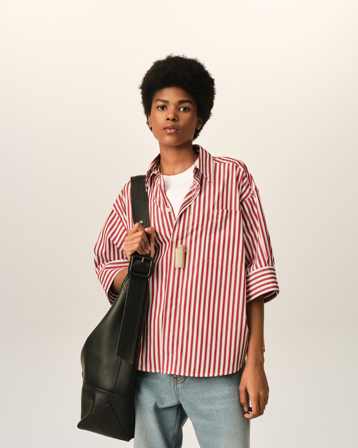 Red large striped cotton short-sleeve shirt with embossed Ami de Coeur - 2