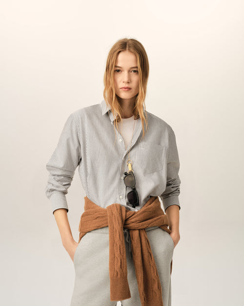 Camicia corta a righe in cotone nero con Ami de Coeur goffrato - 2 - Ami Paris