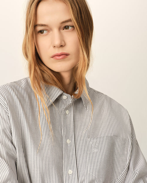 Black cropped striped cotton shirt with embossed Ami de Coeur - Woman - 4 - AMI Paris - Ami Paris