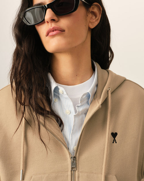Beige zipped cotton hoodie with Ami de Coeur - Woman - 4 - AMI Paris - Ami Paris