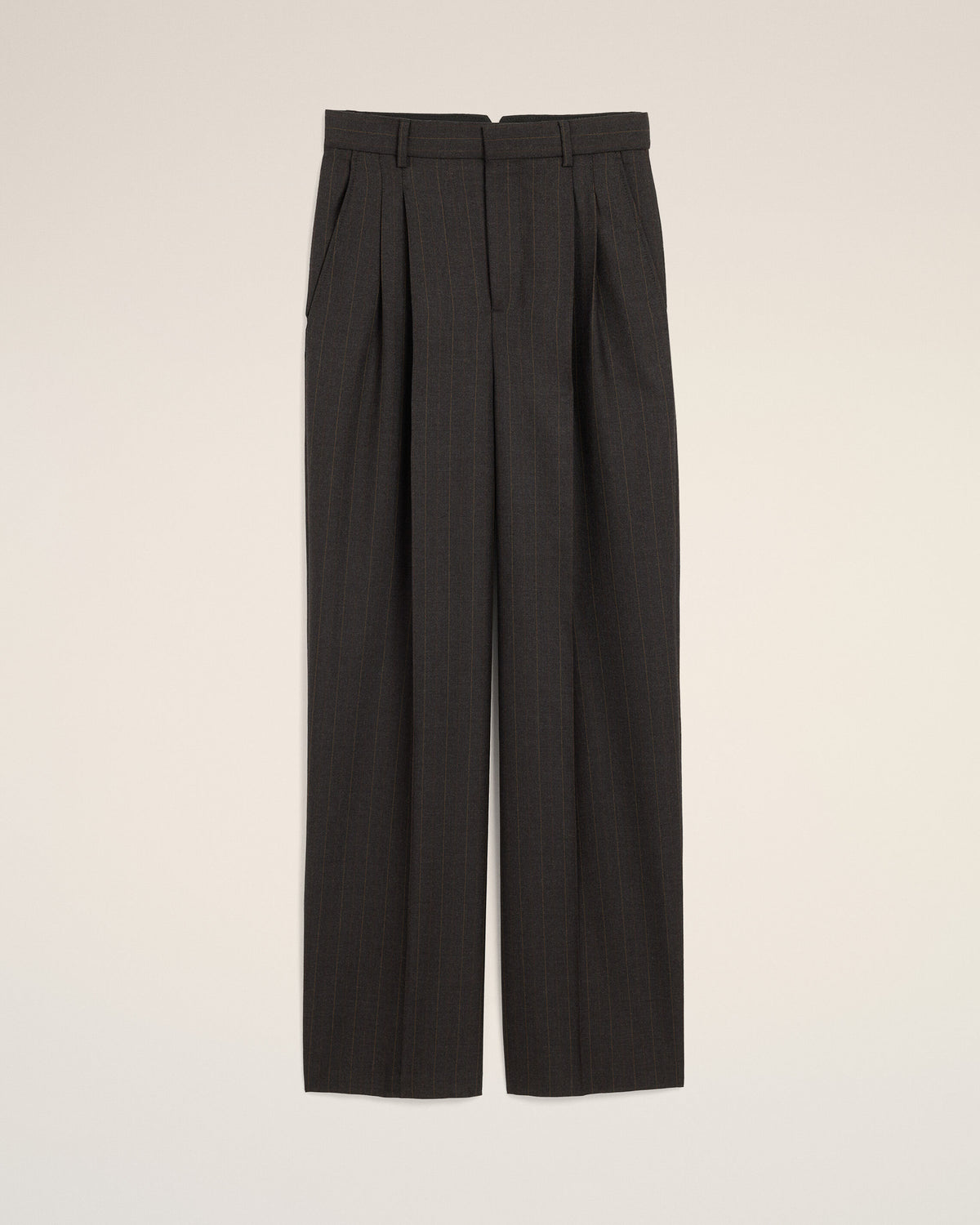 Pantalón de lana gris de corte ancho y talle alto a rayas - 1