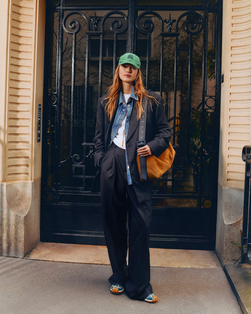 Pantalón de lana gris de corte ancho y talle alto a rayas - Mujer - 7 - AMI Paris - Ami Paris