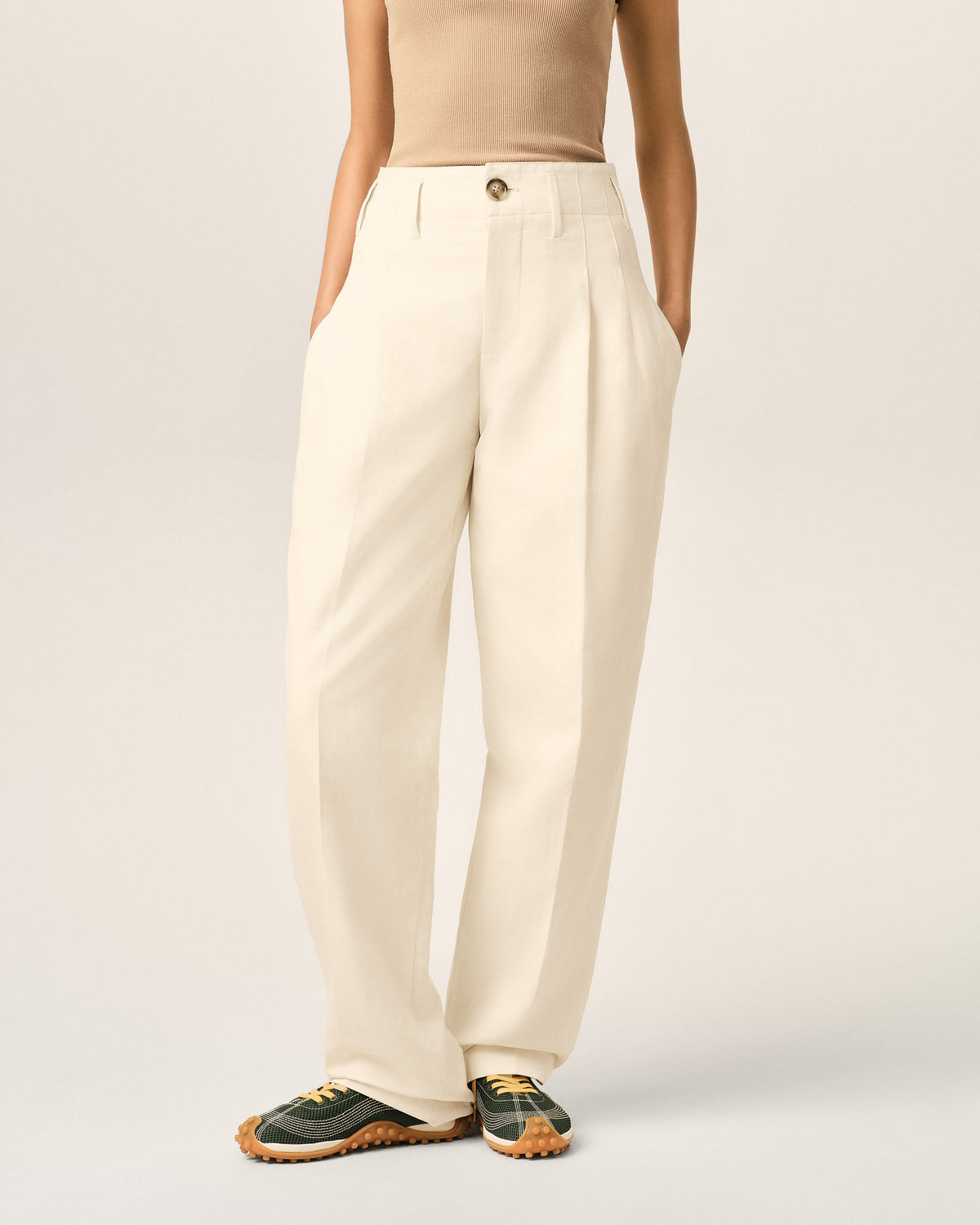 White two-pleats cotton and linen trousers - 3