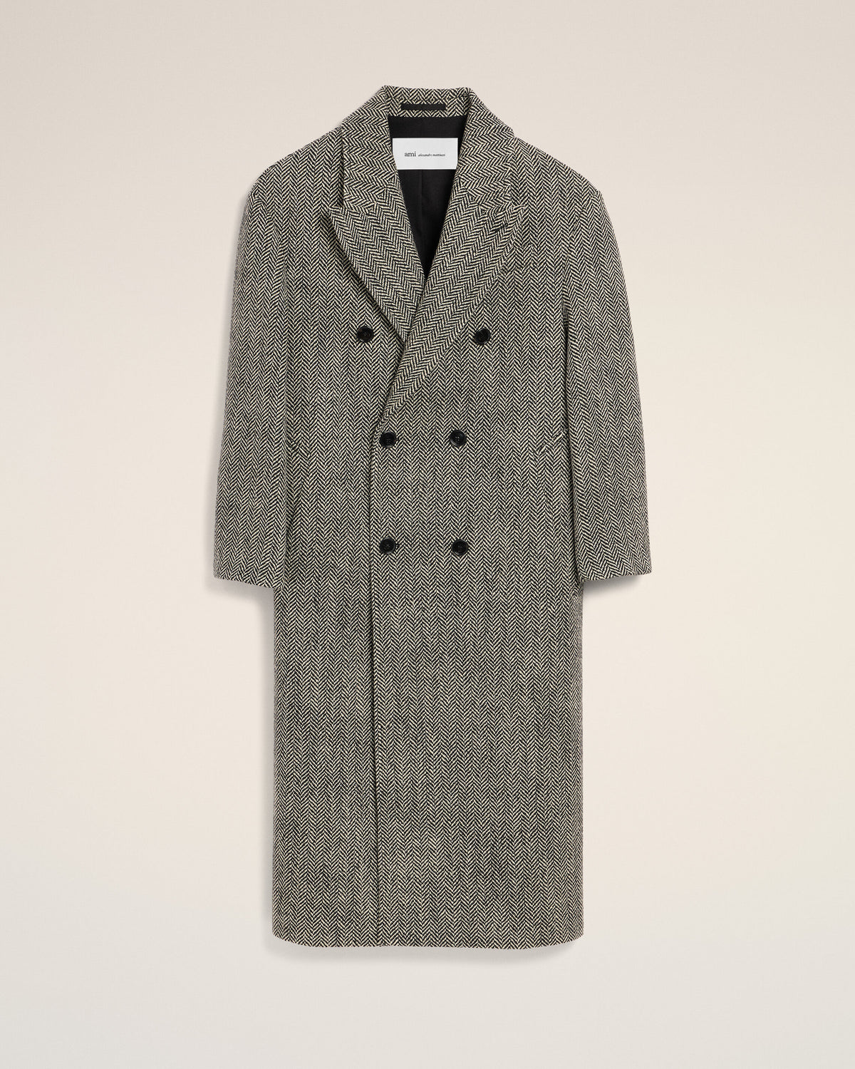 Long black double breasted wool herringbone coat - 1