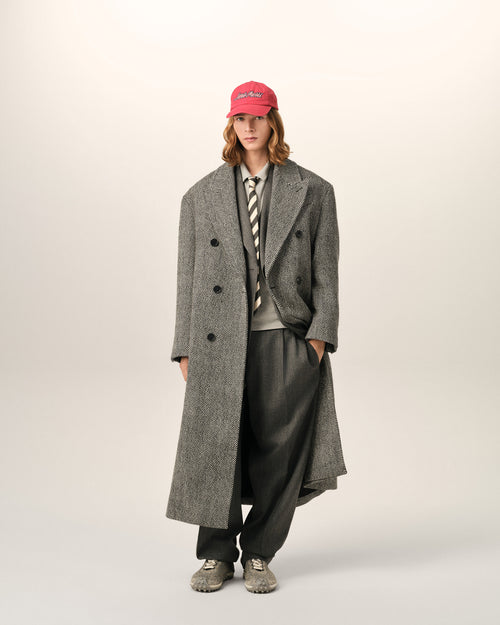 Long black double breasted wool herringbone coat - 2 - Ami Paris