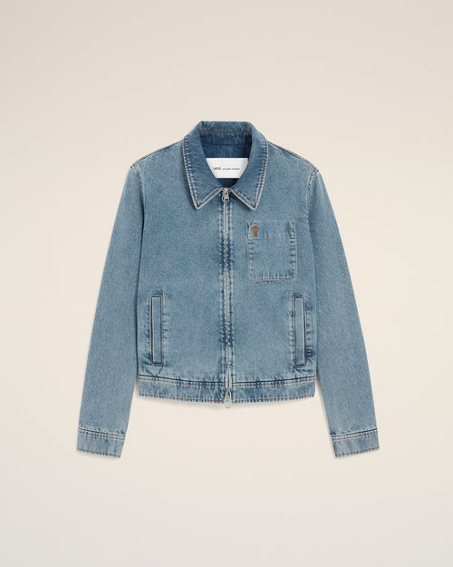 Blue Cotton Contrasted Zipped Jacket with Ami De Coeur - 1 - Ami Paris