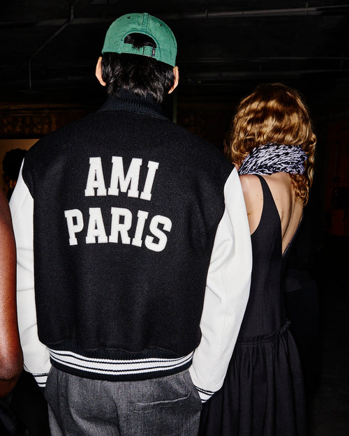 Chaqueta teddy acolchada de lana y cuero negra con bordado Ami Paris - Hombre - 7 - AMI Paris - Ami Paris