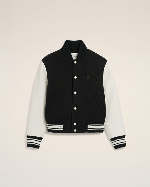 Chaqueta teddy acolchada de lana y cuero negra con bordado Ami Paris - Hombre - 1 - AMI Paris - Ami Paris