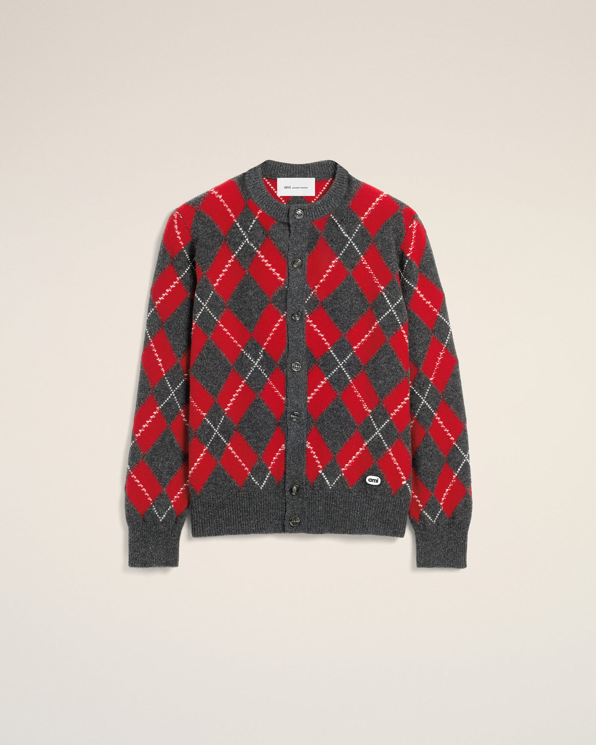 Grey wool cardigan in red argyle - 1