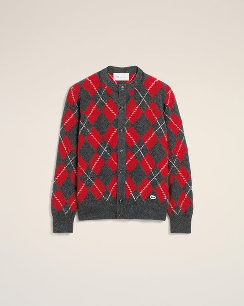 Grey wool cardigan in red argyle - 1 - Ami Paris