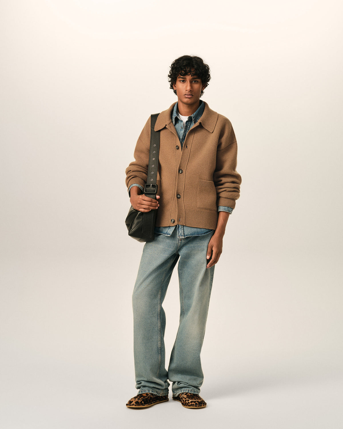 Brown wool shirt collar cardigan - 3