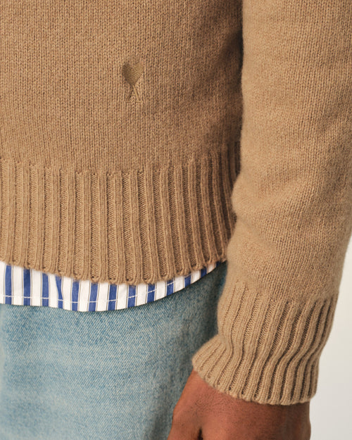 Brown crewneck cashmere sweater with Ami de Coeur - Man - 4 - AMI Paris - Ami Paris