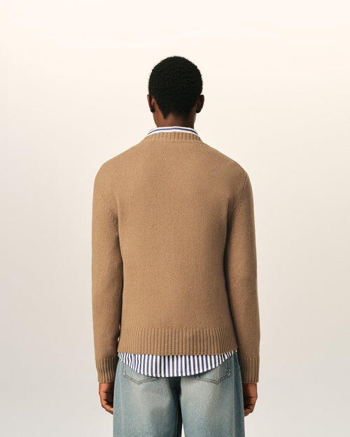 Brown crewneck cashmere sweater with Ami de Coeur - Man - 5 - AMI Paris - Ami Paris