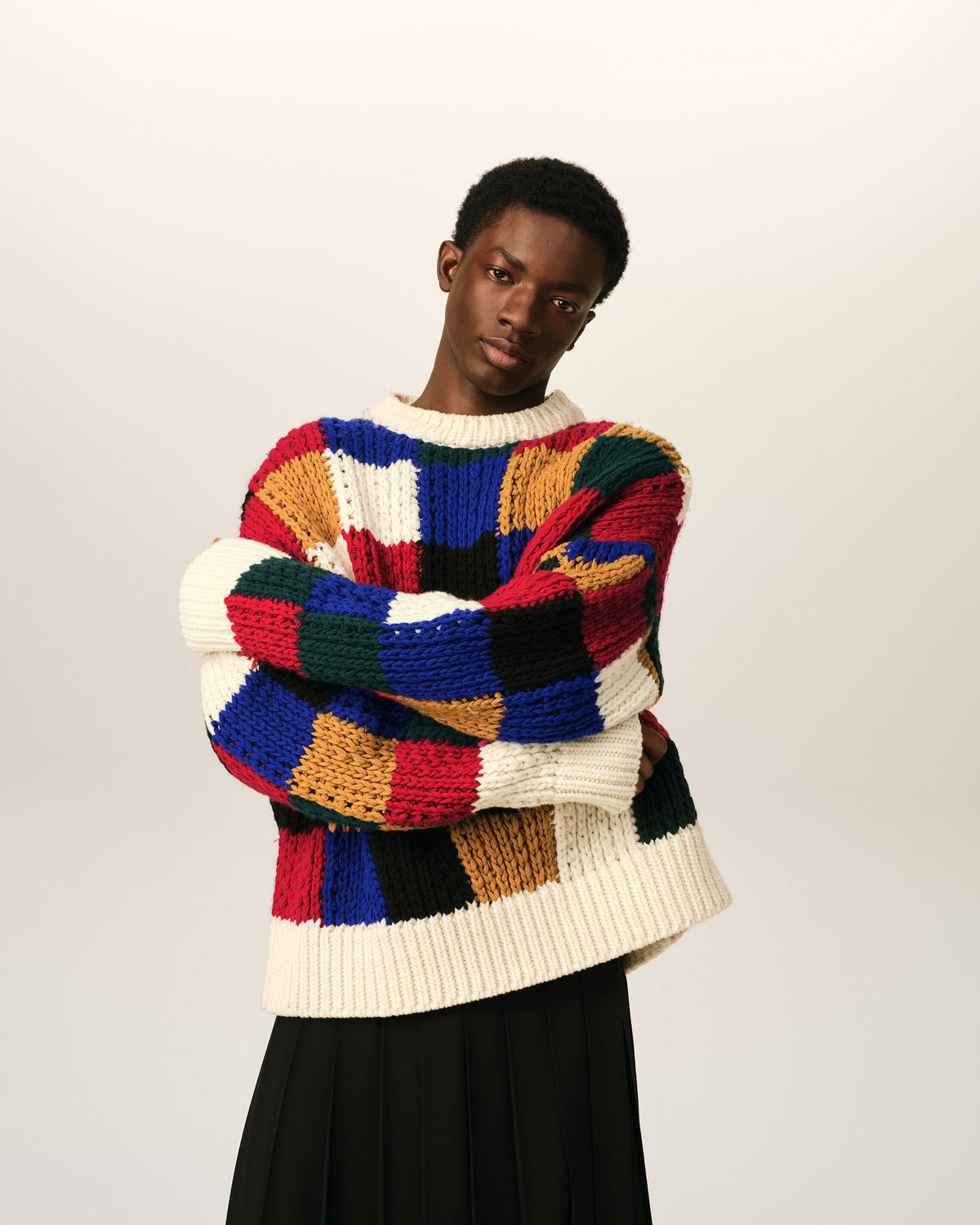 Multicolor checkered wool crewneck sweater - 2
