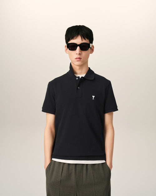 Black Cotton Short Sleeves Ami De Coeur Polo Shirt - Man - 2 - AMI Paris - Ami Paris