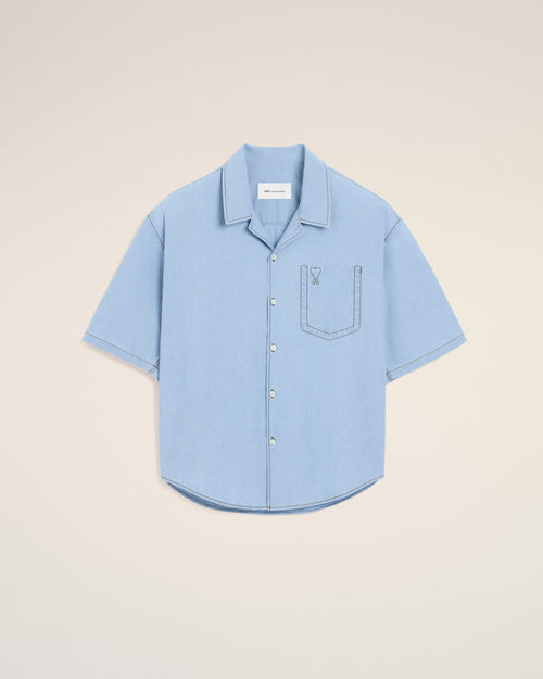 Blue boxy cotton short-sleeve shirt with Ami de Coeur - Man - 1 - AMI Paris - Ami Paris