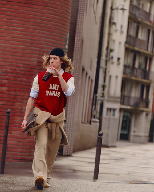 Beige cotton track pants with Ami de Coeur - Man - 7 - AMI Paris - Ami Paris