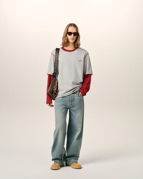 Camiseta gris de algodón de manga doble con parche Ami - Hombre - 3 - AMI Paris - Ami Paris