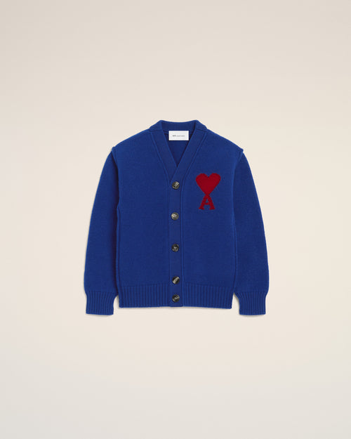 Blue wool cardigan with Ami de Coeur - ROYAL BLUE/RED - Ami Paris