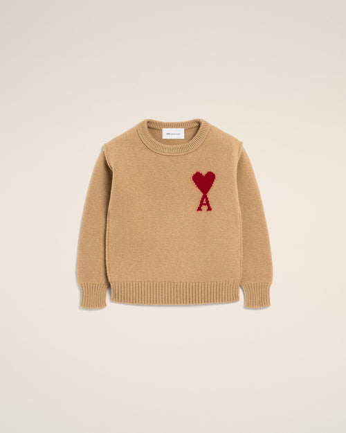 Pull Marron Col Rond Ami De Coeur En Laine - CAMEL/ROUGE - Ami Paris