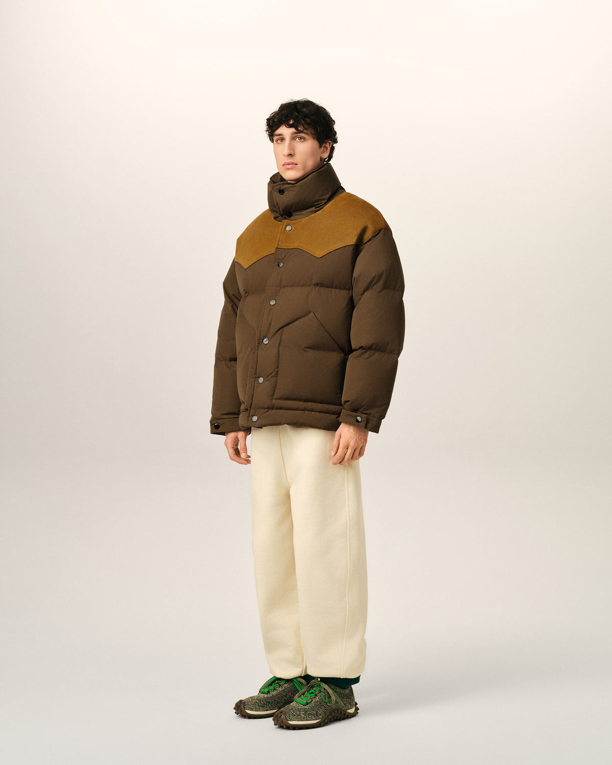 Brown nylon and cotton down jacket with leather panels - 6