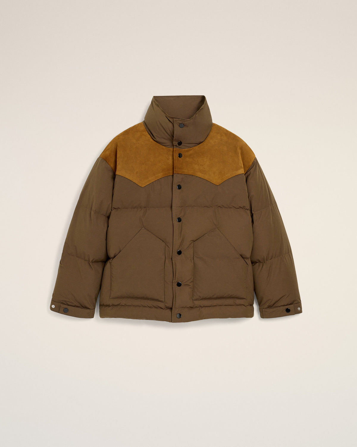 Brown nylon and cotton down jacket with leather panels - 7