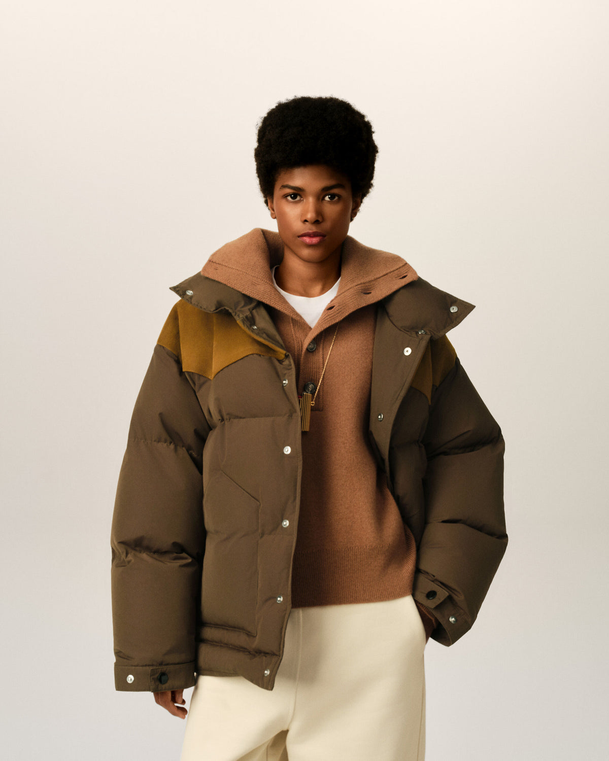 Brown nylon and cotton down jacket with leather panels - 9